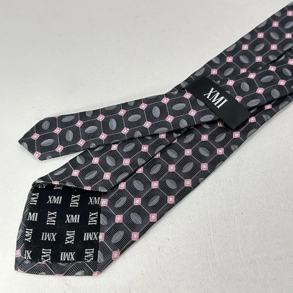 XMI Tie Mens 60 in Italian Silk Charcoal Pink Geometric Diamond Ellipsis Wide